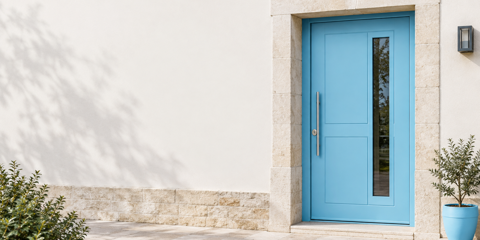 Porte d’entrée contemporaine bleu clair sur une façade française sobre, photographiée en lumière naturelle.