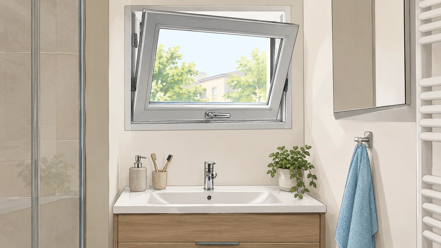 Fenêtre à soufflet ouverte au-dessus d’un lavabo dans une petite salle de bains