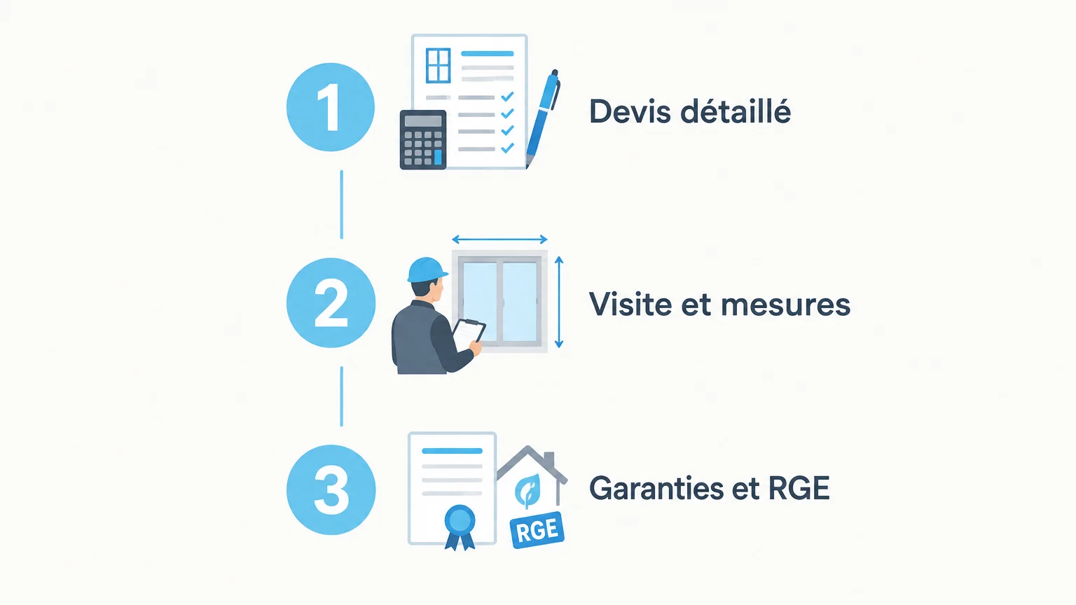 Infographie en trois étapes : devis détaillé, visite et mesures, garanties et qualification RGE.